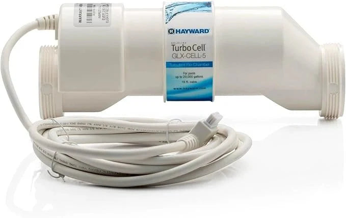 Hayward GLX-CELL-5 TurboCell Salt Chlorinator for Above-Ground Pool with white housing and attached power cable, supports up to 20,000 gallons.