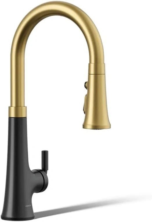KOHLER Tone 23766-BMB kitchen faucet in matte black and brass with high-arch spout and pull-down sprayhead for modern kitchens.