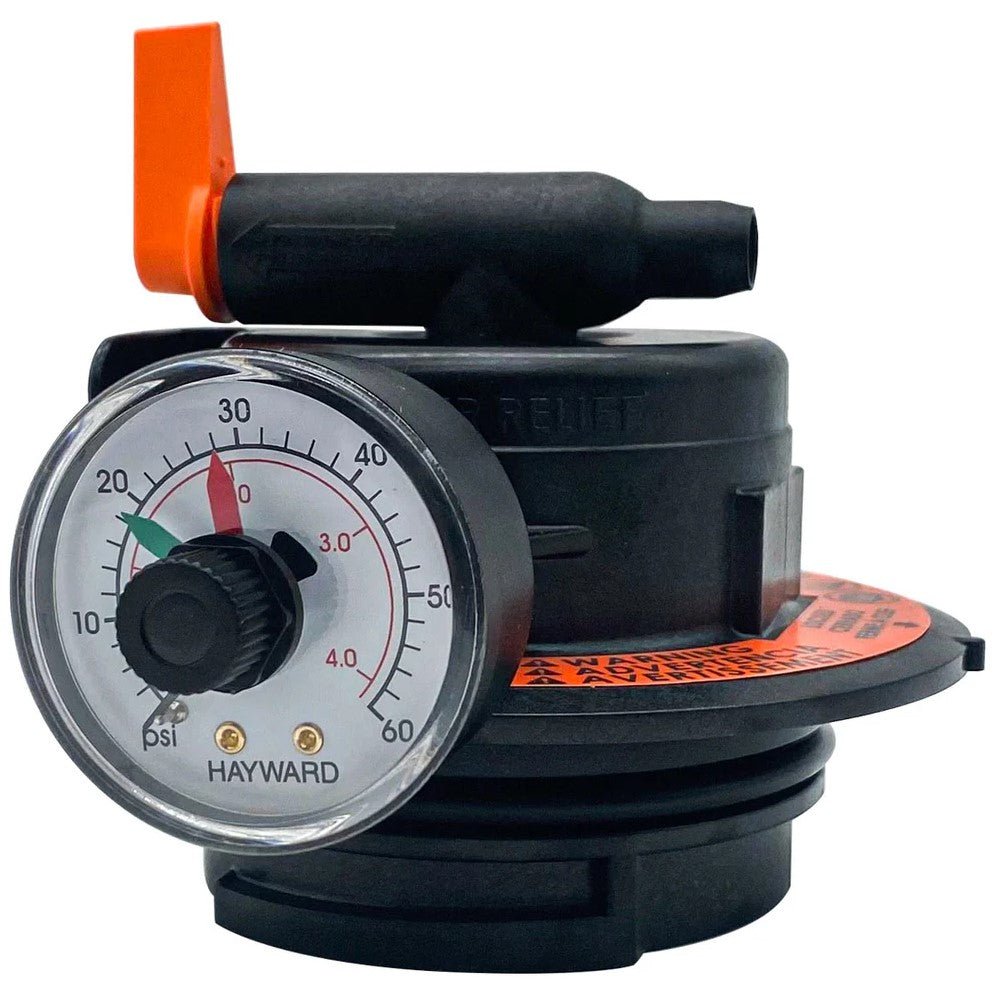 Hayward DEX2420MAR2 Manual Air Relief Assembly with pressure gauge for DE and cartridge pool filters. Durable pool filter part for efficient pressure release.