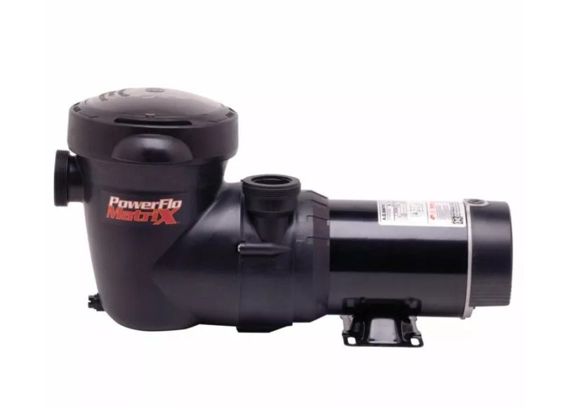 Hayward PowerFlo Matrix 1.5 HP Above-Ground Pump with side discharge, durable black housing, and compact design for residential pool systems.