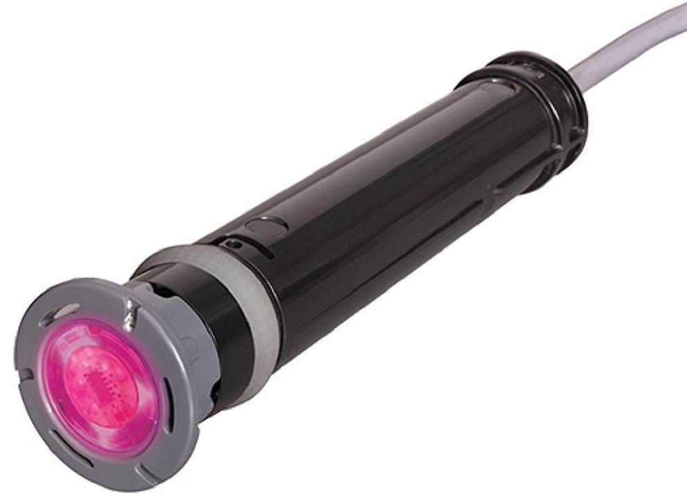 Hayward ColorLogic 320 12V LED Pool & Spa Light with 100-ft cord, compact black housing and vibrant pink illumination for underwater lighting.