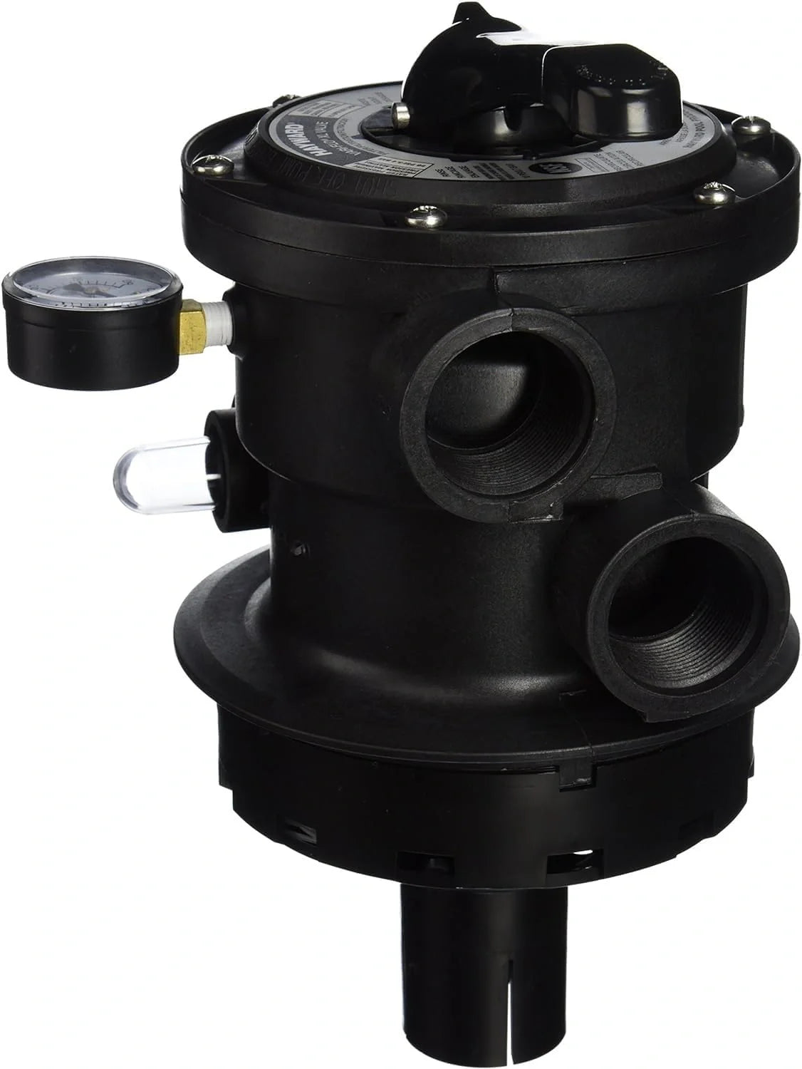 Hayward SP0714T VariFlo top-mount multiport valve in black with 7-position control for above-ground sand filters, featuring durable ports and pressure gauge.