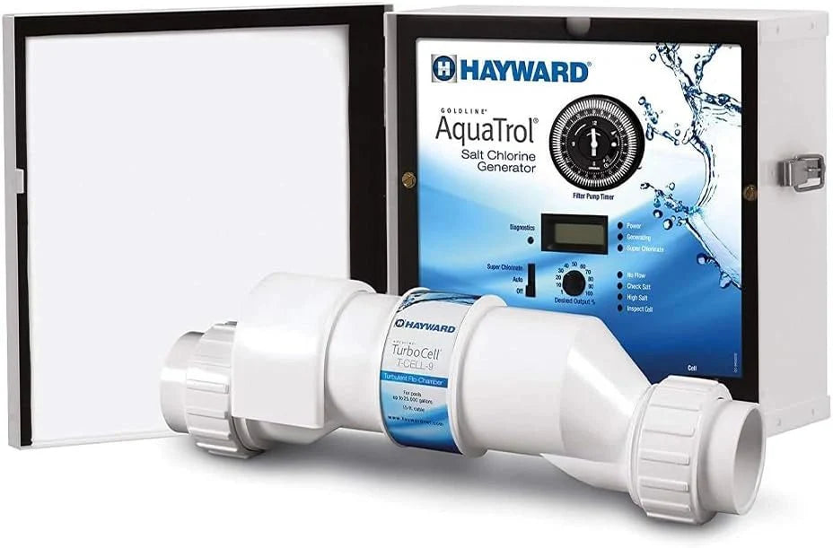 Hayward W3AQ-TROL-HP AquaTrol Salt Chlorinator White system with digital display and TurboCell for above-ground pools, ideal for soft water chlorination.