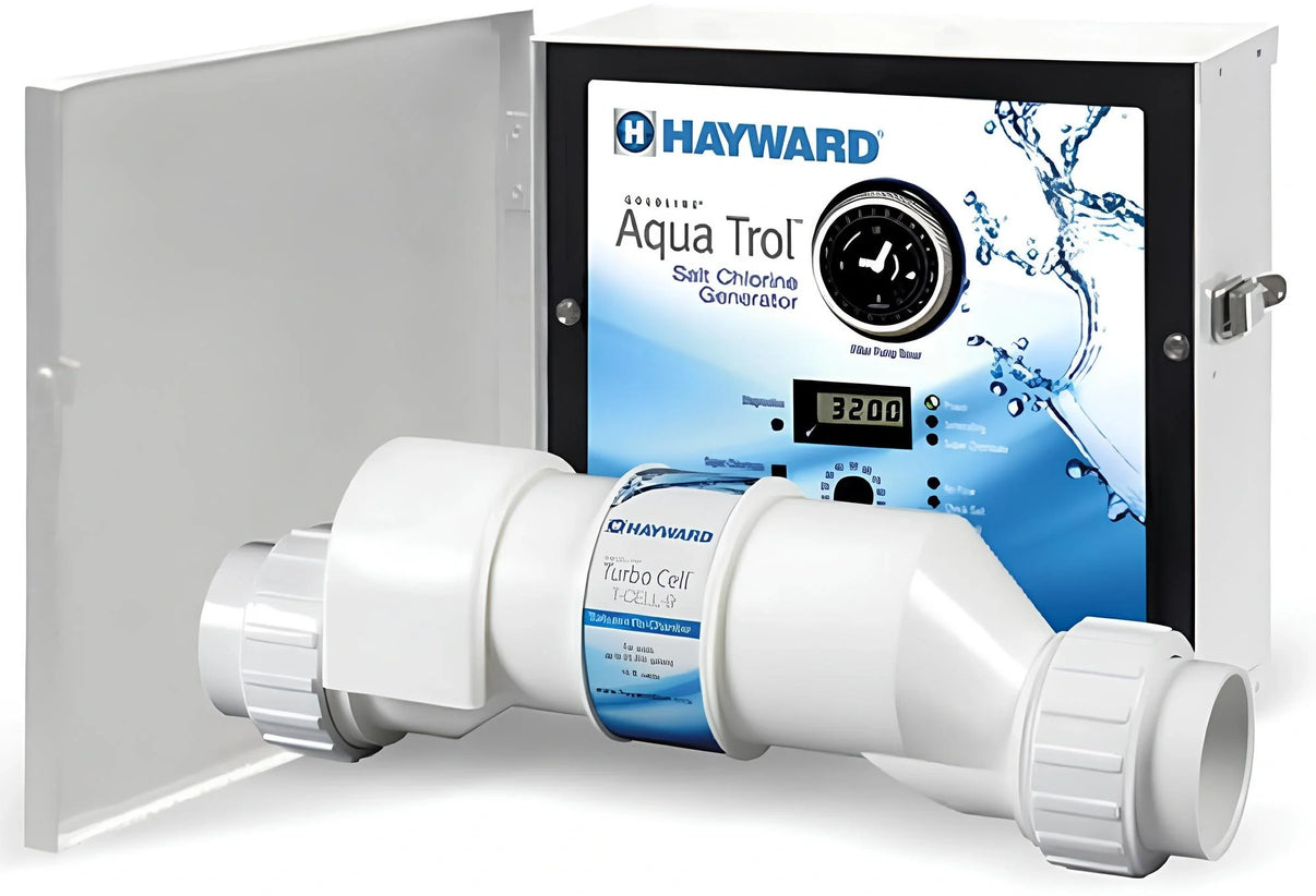 Hayward W3AQ-TROL-HP-TL AquaTrol Salt Chlorination System with digital control panel and Turbo Cell for pools up to 18,000 gallons.
