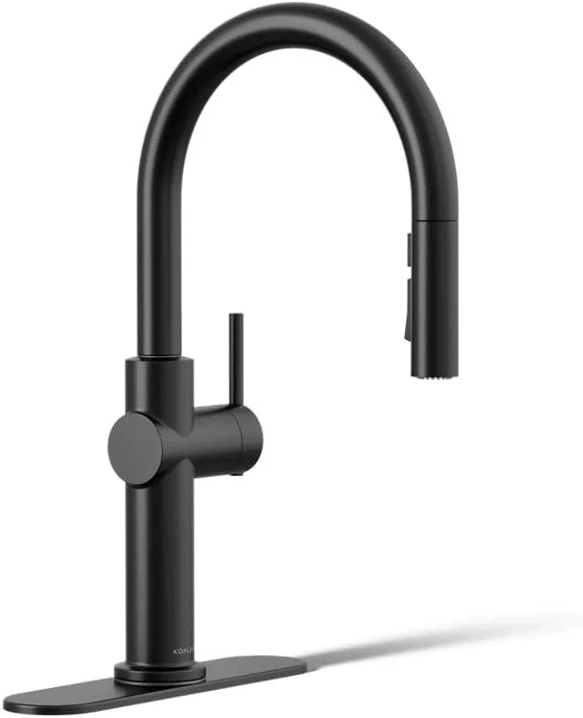 KOHLER 22972-BL Crue Matte Black Kitchen Faucet with Spray featuring a sleek pull-down design and modern finish for contemporary kitchens.