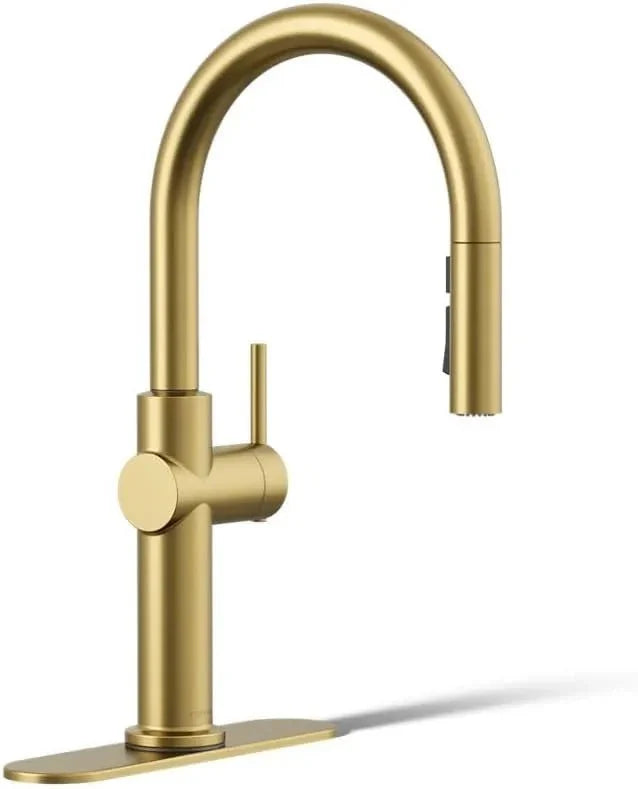 KOHLER Crue 22972-2MB pull-down kitchen faucet in Vibrant Brushed Moderne Brass with high-arch spout and single-handle design.