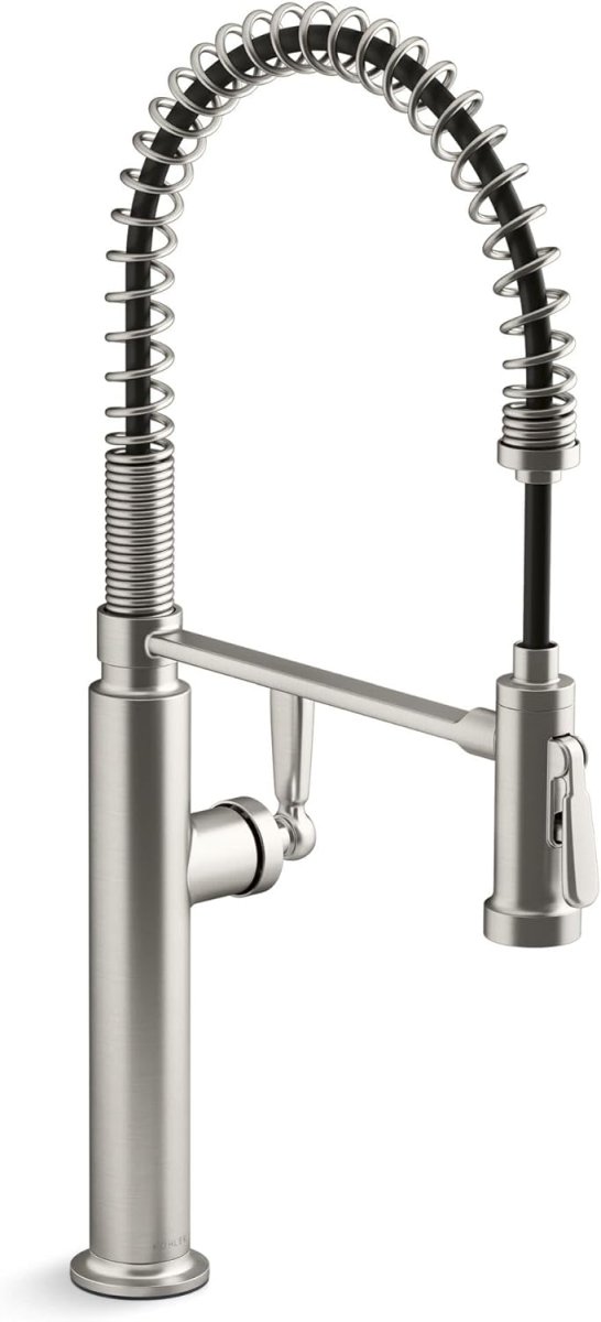 Kohler Edalyn 1.5 GPM Pre-Rinse Pull-Down Faucet in vibrant stainless finish with coiled spring design for modern kitchen sink installations.