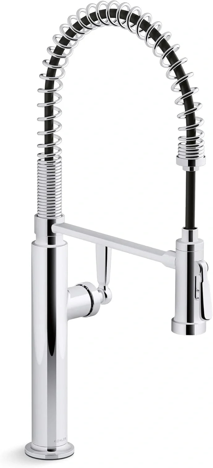 Kohler K28360-CP Edalyn Pre-Rinse Pull-Down Faucet in polished chrome with a high-arc spring design, ideal for modern kitchen sink installations.