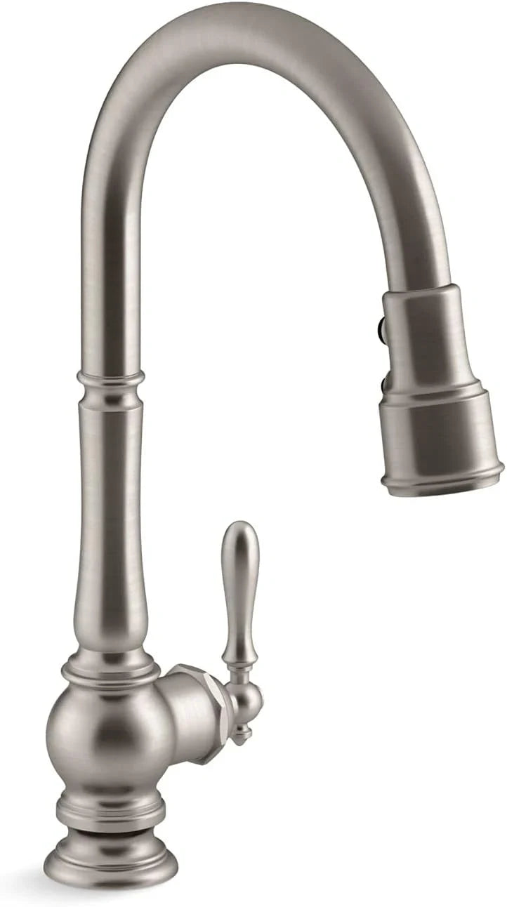 KOHLER K-99259-VS Artifacts Kitchen Sink Faucet in Vibrant Stainless with high-arched spout and pull-down spray head, ideal for modern kitchens.